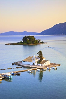 Elevated View to Vlacherna Monastery and the Church of Pantokrator on Mouse Island Elevated View to Vlacherna Monastery and the Church of Pantokrator on Mouse Island