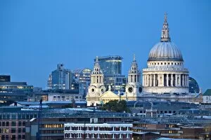 England, London, City skyline looking towards St Pauls Cathedral at twilight