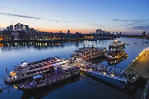 England, London, Dawn over Docklands and River Thames England, London, Dawn over Docklands and River Thames