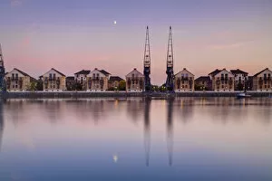 England, London, Royal Victoria Docks by moonlight