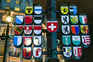 England, London, Soho, Leicester Square, Swiss canton shields England, London, Soho, Leicester Square, Swiss canton shields