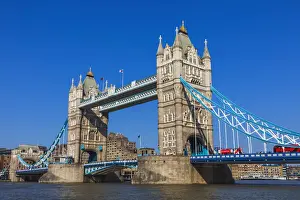 London River Thames Scene Prints: England, London, Tower Bridge and Double Decker Red Buses