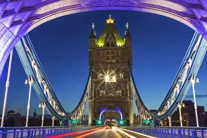 England, London, Tower Bridge with Empty Road at Night