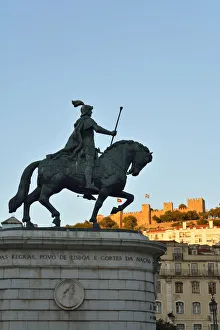 Equestrian statue of King Joao I and Sao Jorge castle, Praca da Figueira Equestrian statue of King Joao I and Sao Jorge castle, Praca da Figueira