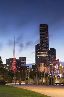 Eureka Tower, Victorian Arts Centre and Federation Bells at dusk, Melbourne, Victoria Eureka Tower, Victorian Arts Centre and Federation Bells at dusk, Melbourne, Victoria