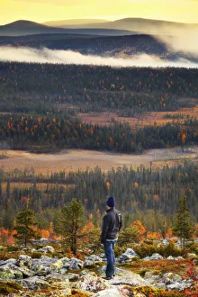 Europe, Finland, Lapland, Salla, a hiker looking out from the top of Ruuhitunturi Europe, Finland, Lapland, Salla, a hiker looking out from the top of Ruuhitunturi