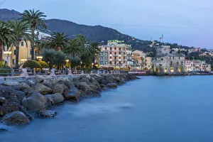 Europe, Italy, Rapallo. Blue hour along the coast to the castle Europe, Italy, Rapallo. Blue hour along the coast to the castle