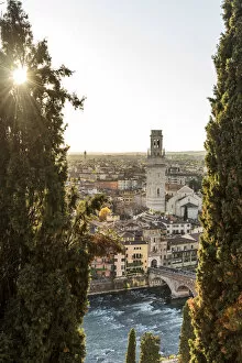 europe, Italy, Veneto. Verona, view over the town at sunset from castle san Pietro