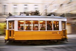 Images Dated 1st March 2007: Europe, Portugal, Lisbon, a speeding tram (streetcar) in the city center