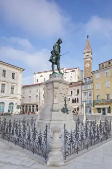 Europe, Slovenia, Istria. Tartini Square, Piran with the statue of Giuseppe Tartini Europe, Slovenia, Istria. Tartini Square, Piran with the statue of Giuseppe Tartini