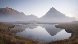Evening mist shrouds Buachaille Etive Beag mountain on Rannoch Moor, Highland, Scotland Evening mist shrouds Buachaille Etive Beag mountain on Rannoch Moor, Highland, Scotland