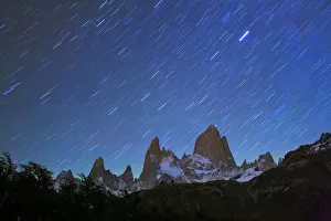 Fitz Roy at night with star trails from Poincenot campground, Los Glaciares National Park Fitz Roy at night with star trails from Poincenot campground, Los Glaciares National Park