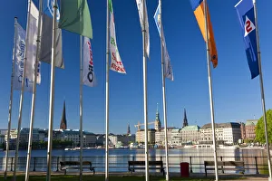 Flags, Binnenalster Lake, Hamburg, Germany Flags, Binnenalster Lake, Hamburg, Germany