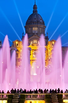 Font Magica or Magic Fountain with Palau Nacional in the background, Barcelona, Catalonia Font Magica or Magic Fountain with Palau Nacional in the background, Barcelona, Catalonia