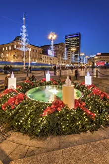 Fountain adorned with Christmas decorations in Ban Jelacic Square, Zagreb, Croatia Fountain adorned with Christmas decorations in Ban Jelacic Square, Zagreb, Croatia