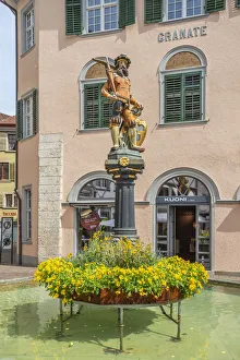 Fountain with Wilhelm Tell statue at Schaffhausen, Canton Schaffhausen, Switzerland Fountain with Wilhelm Tell statue at Schaffhausen, Canton Schaffhausen, Switzerland