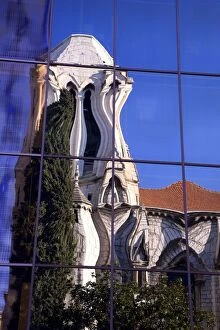 France, Cote D Azur, Nice; A distorted reflection of the Eglise Notre Dame