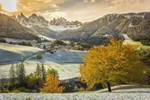 Images Dated 17th October 2015: Funes Valley, Trentino Alto Adige, Italy. Dolomites Alps in Autumn, with the first