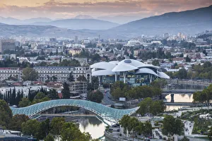 Georgia, Tbilisi, View of city looking towards Peace bridge, Rike Park, and The Public Georgia, Tbilisi, View of city looking towards Peace bridge, Rike Park, and The Public