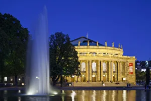 Germany, Baden-Wurttemburg, Stuttgart, Staatstheater and fountain, evening Germany, Baden-Wurttemburg, Stuttgart, Staatstheater and fountain, evening