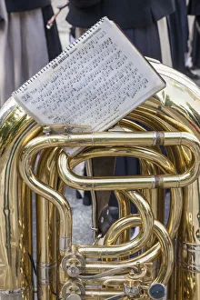 Germany, Bavaria, Munich, Oktoberfest Parade, Detail of Sheet Music and Brass Instrument Germany, Bavaria, Munich, Oktoberfest Parade, Detail of Sheet Music and Brass Instrument