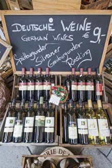 Germany, Bavaria, Munich, Victualienmarkt, Display of German Wines Germany, Bavaria, Munich, Victualienmarkt, Display of German Wines