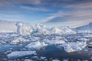 Greenland, Disko Bay, Ilulissat, floating ice at sunset Greenland, Disko Bay, Ilulissat, floating ice at sunset