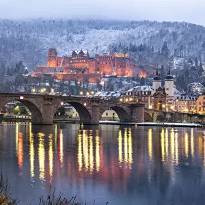 Renaissance Gallery: Heidelberg castle and Old Bridge illuminated in winter, Baden-Wurttemberg, Germany