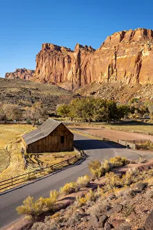 High angle view of road passing by historic Gifford or Fruita Barn, Fruita High angle view of road passing by historic Gifford or Fruita Barn, Fruita