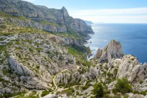 High angle view of rugged Mediterranean landscape at Calanque de Sugiton, Parc National High angle view of rugged Mediterranean landscape at Calanque de Sugiton, Parc National