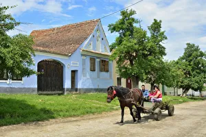 A horse and cart with a family in the Saxon village of Viscri, a Unesco World Heritage A horse and cart with a family in the Saxon village of Viscri, a Unesco World Heritage