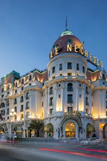 The Hotel Negresco at Dusk, Promenade des Anglais, Baie des Anges, Nice, South of France The Hotel Negresco at Dusk, Promenade des Anglais, Baie des Anges, Nice, South of France