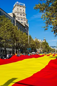 Huge spanish flag unrolled in Passeig de Gracia during the celebration of the Spain's Huge spanish flag unrolled in Passeig de Gracia during the celebration of the Spain's