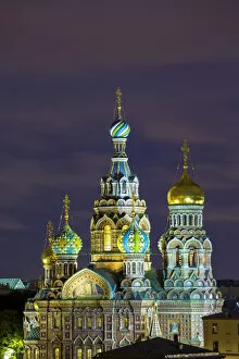 Illuminated Domes of Church of the Saviour on Spilled Blood, Saint Petersburg, Russia