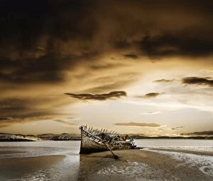 Serene Landscapes Gallery: Ireland, Co.Donegal, Bunbeg, wrecked boat on coastline