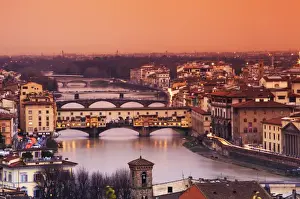 Prints of Italy, Florence, Tuscany, Western Europe; Ponte Vecchio and other bridges on the Arno river and surroundings Tuscany Prints: Print of Ponte Vecchio and Arno River Bridges in Florence, Italy
