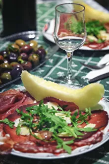 Italy, Naples, Traditional Antipasto with Prosciutto (Cured Ham) and Honeydew Melon