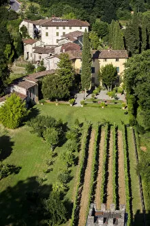 Italy, Serchio Valley, Aerial view of Casa Pascoli Museum at Castelvecchio