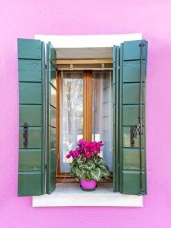 Vibrant Gallery: Italy, Veneto, Venice, Burano. Typical window on a colorful house