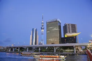 Japan, Honshu, Kanto, Tokyo, Asakusa, Office Buildings and Skytree Tower and Sumidagawa Japan, Honshu, Kanto, Tokyo, Asakusa, Office Buildings and Skytree Tower and Sumidagawa
