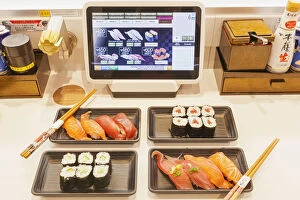 Images Dated 18th January 2016: Japan, Honshu, Tokyo, Sushi Restaurant, Touch Screen Conveyor Belt Ordering System