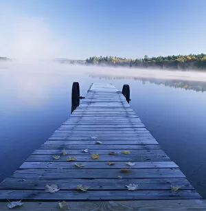 Jetty on Lake in Mist, Songo Pond, Bethal, Maine, USA