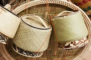 Images Dated 6th March 2012: Laos, Vientiane, Basketware Street Vendors Display of Sticky Rice Containers