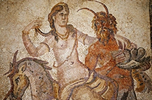 Libya, Cyrene. Mosaic of Nymph and Satyr from Villa of Jason Magnus in the museum Libya, Cyrene. Mosaic of Nymph and Satyr from Villa of Jason Magnus in the museum