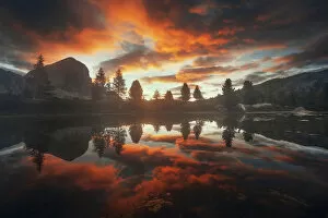 Limides lake near the Falzarego Pass during sunrise, Dolomites, Italy