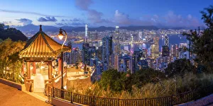 Lion Pavilion on Victoria Peak and skyline at sunset, Hong Kong Lion Pavilion on Victoria Peak and skyline at sunset, Hong Kong