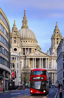 A London bus on Ludgate hill in front of St Pauls Cathedral by Christopher Wren A London bus on Ludgate hill in front of St Pauls Cathedral by Christopher Wren