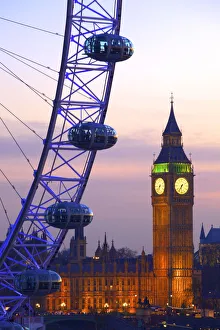 London Eye and Houses of Parliament at Dusk, London, England London Eye and Houses of Parliament at Dusk, London, England