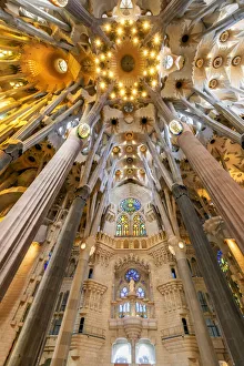 Low angle view of the ceiling in the nave, Sagrada Familia, Barcelona, Catalonia, Spain Low angle view of the ceiling in the nave, Sagrada Familia, Barcelona, Catalonia, Spain