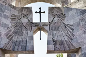 Main entrance to Holy See of Echmiadzin with carved stone monument (2001), Vagharshapat Main entrance to Holy See of Echmiadzin with carved stone monument (2001), Vagharshapat